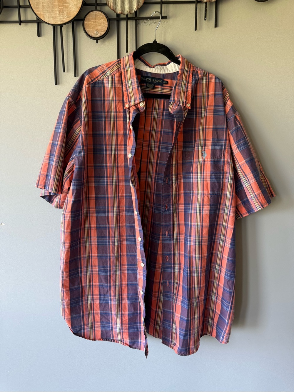 U.S. Polo Assn. Orange and Blue Plaid Short-Sleeve Button-Down Shirt
